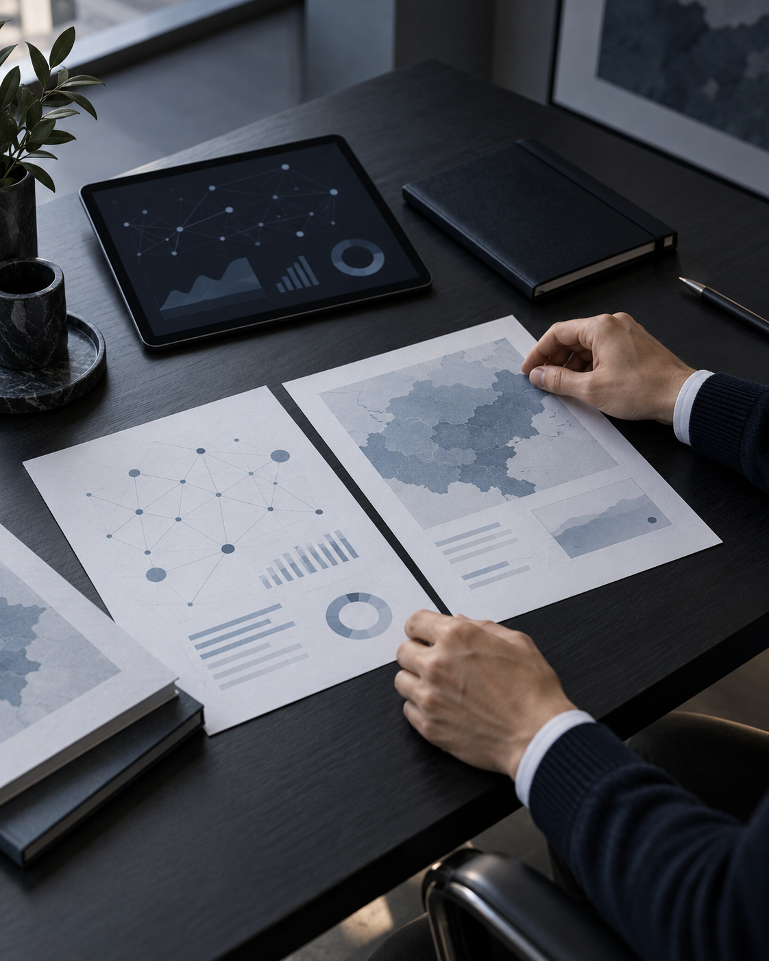 A person working on data analysis at a desk with printed maps, charts, and graphs, a tablet displaying data visualizations, a closed notebook, and a pen.