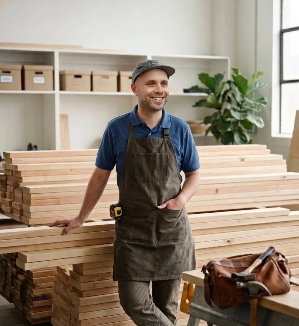A smiling man wearing a cap, blue polo shirt, and apron standing in a workshop with stacks of wooden planks and a workbench.