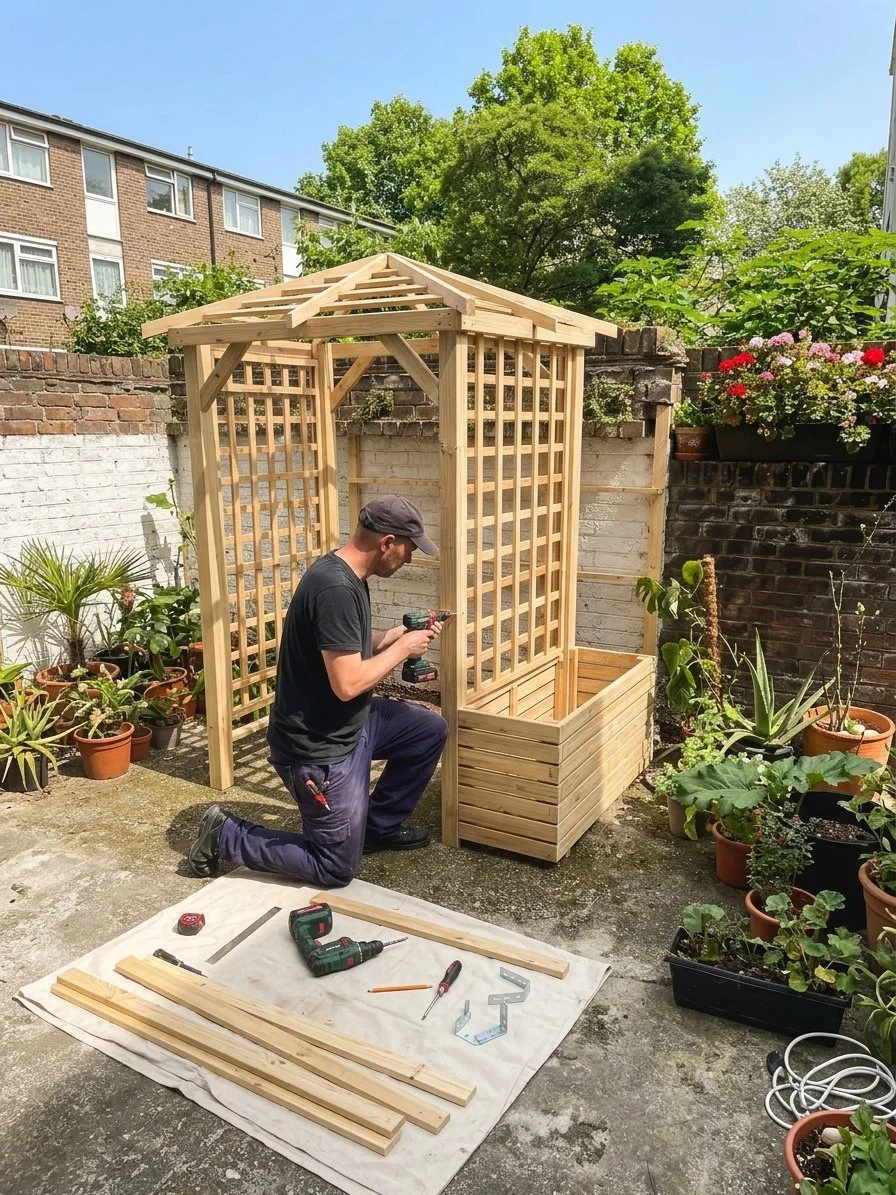 Man kneeling on a blanket in a garden, building a wooden shed with a framed roof, surrounded by potted plants and tools.