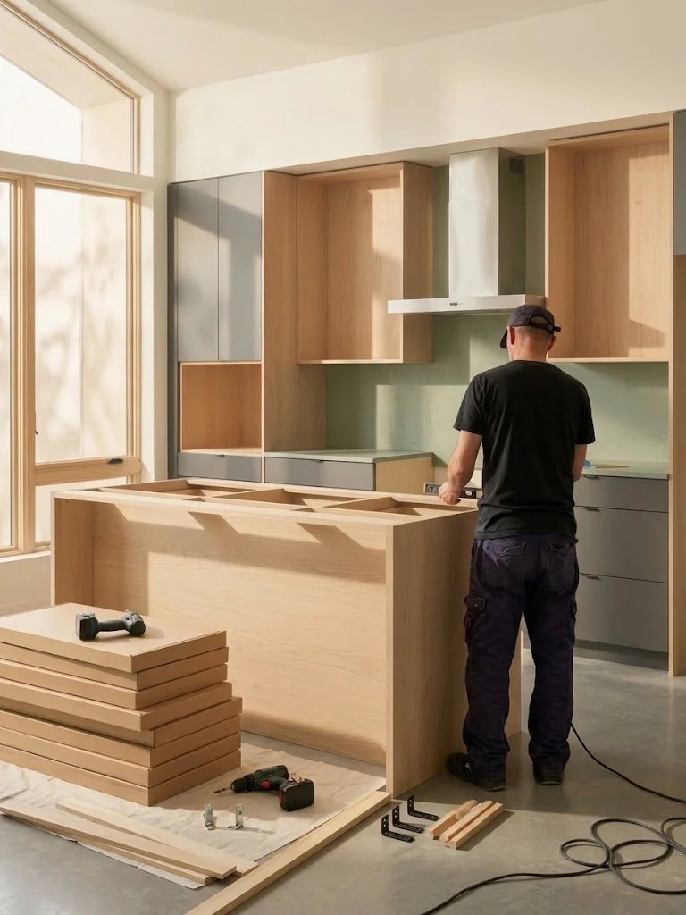 A man working on a kitchen island installation in new cabinetry, with tools and stacked wooden panels nearby.