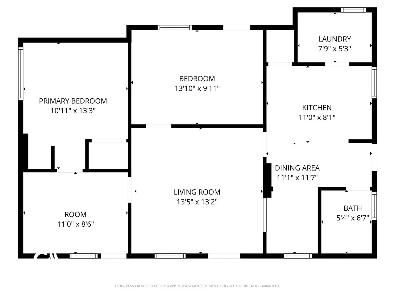 Floor plan of a house showing rooms with dimensions, including primary bedroom, bedroom, living room, room, kitchen, dining area, bath, laundry, and an additional room.