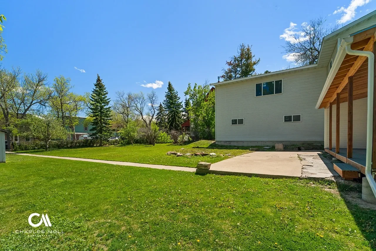 A backyard with a grassy lawn, trees, a concrete patio, and the side of a house under a blue sky.