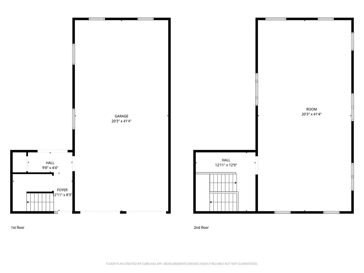 Floor plan of a two-story house showing a garage and foyer on the first floor, and a large room and hall on the second floor.