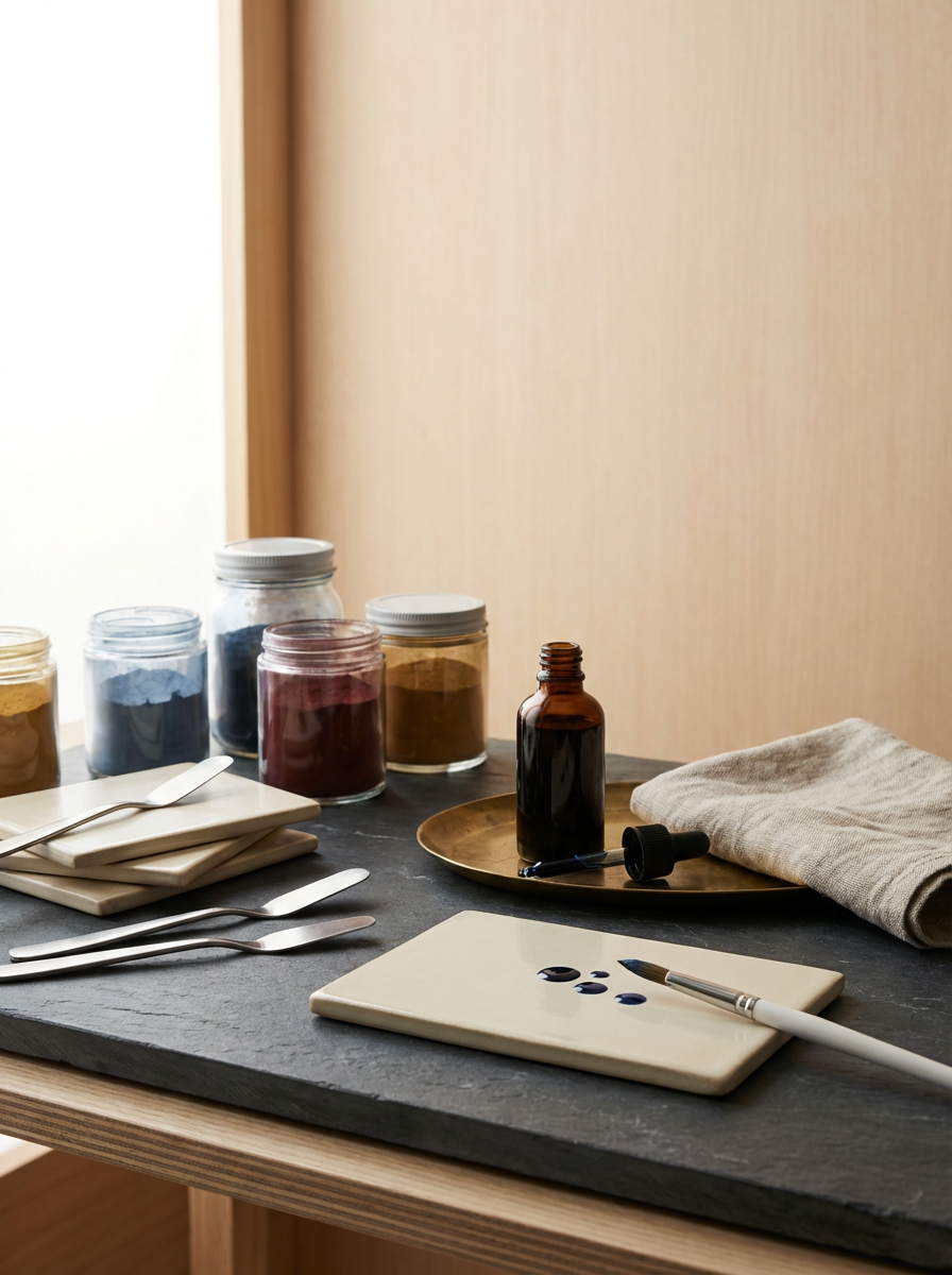 Various dry inks in glass jars next to mixing spatulas. An amber bottle contains a resuspended dye that is also in drops on a tray below.