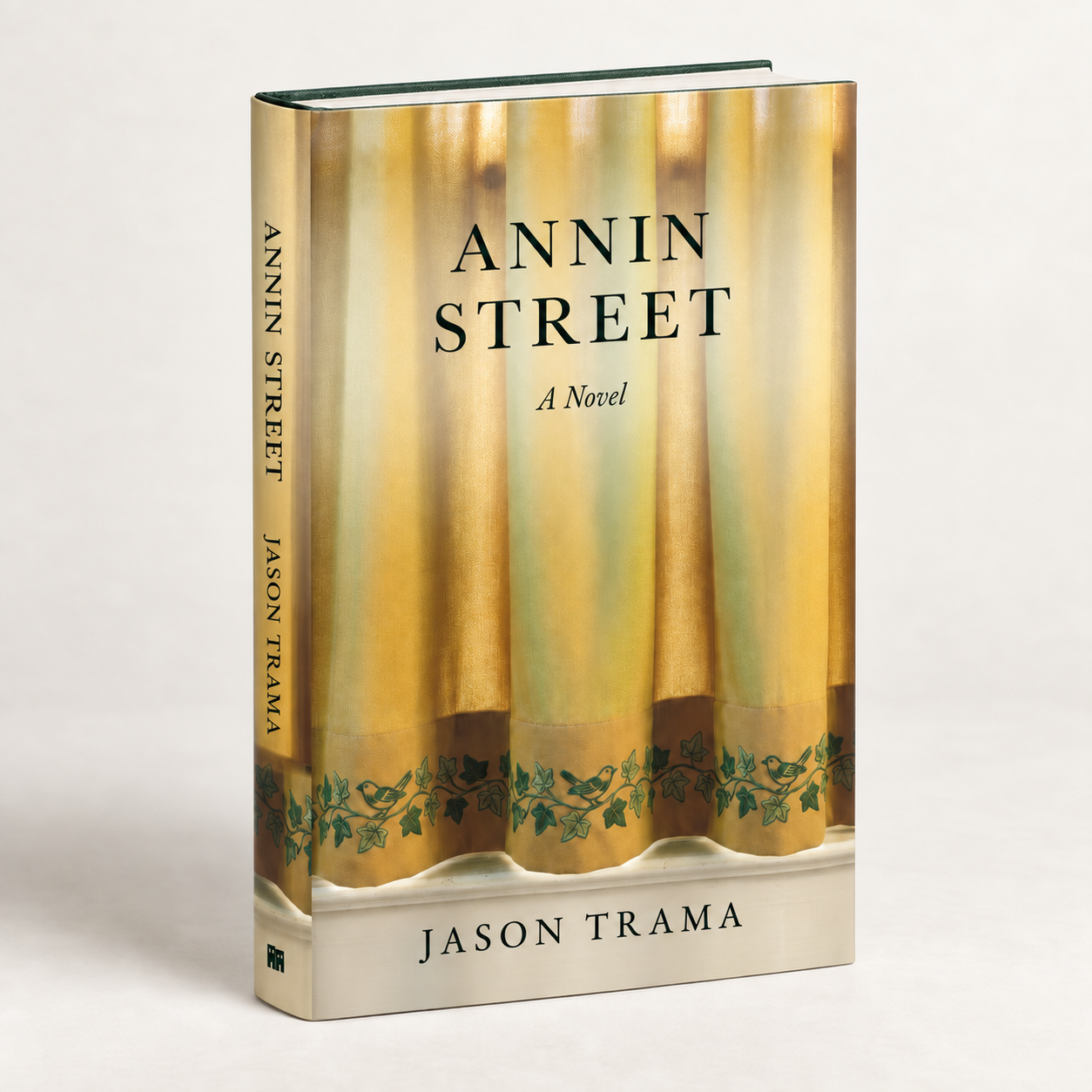 Board book titled 'Annie Street' by Jason Trama with a cover design featuring yellow curtains with green ivy and bird illustrations at the bottom.