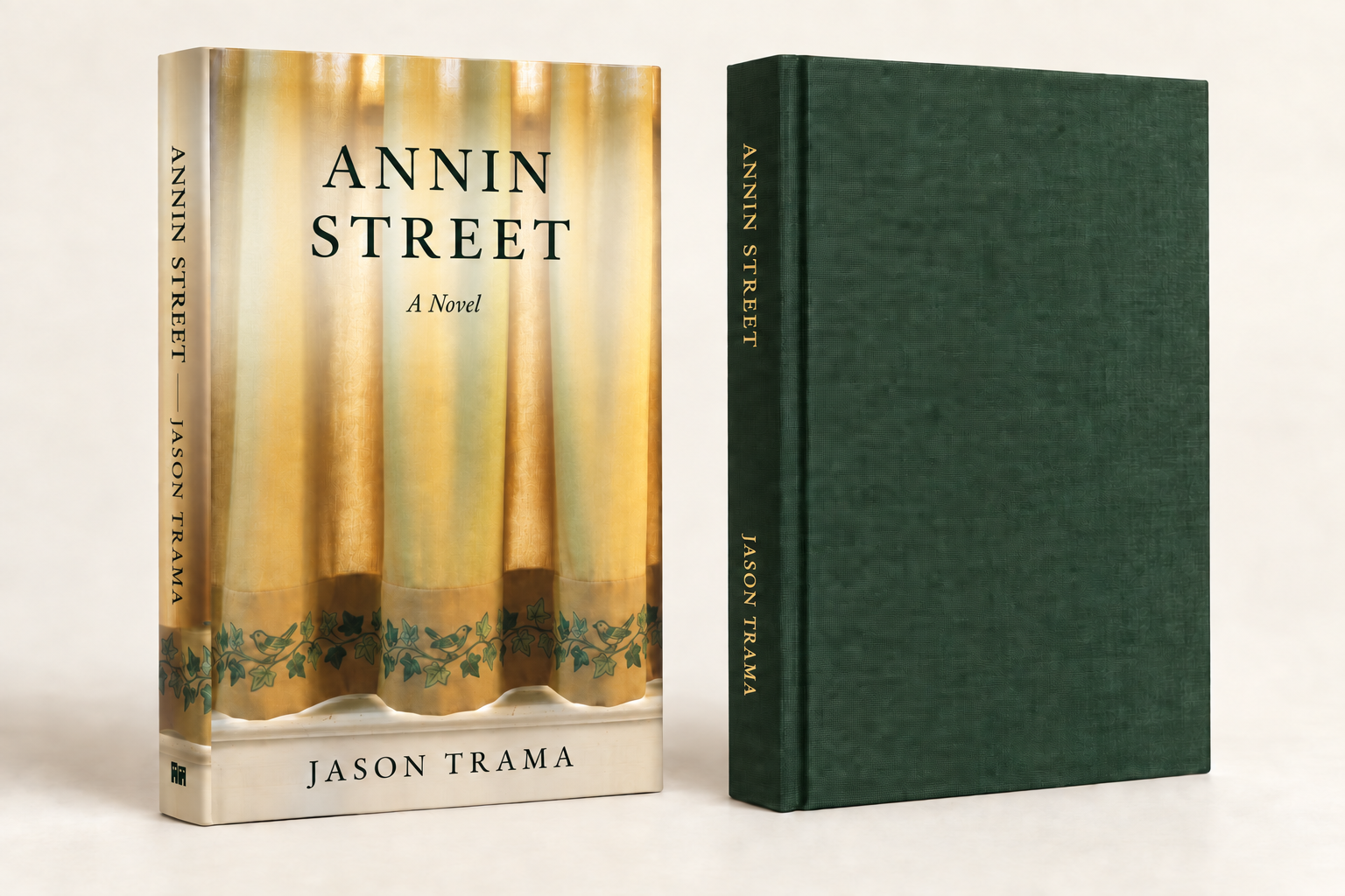Two books by Jason Trama, one with a colorful curtain cover titled "Annie Street," and a plain green hardcover edition.