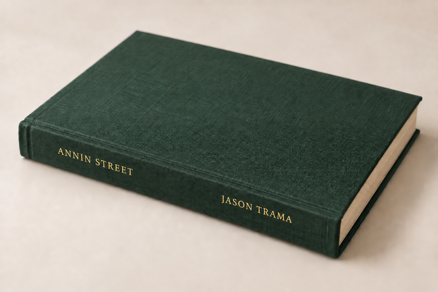 A green hardcover book titled 'Annie Street' by Jason Trama, placed on a light-colored surface.
