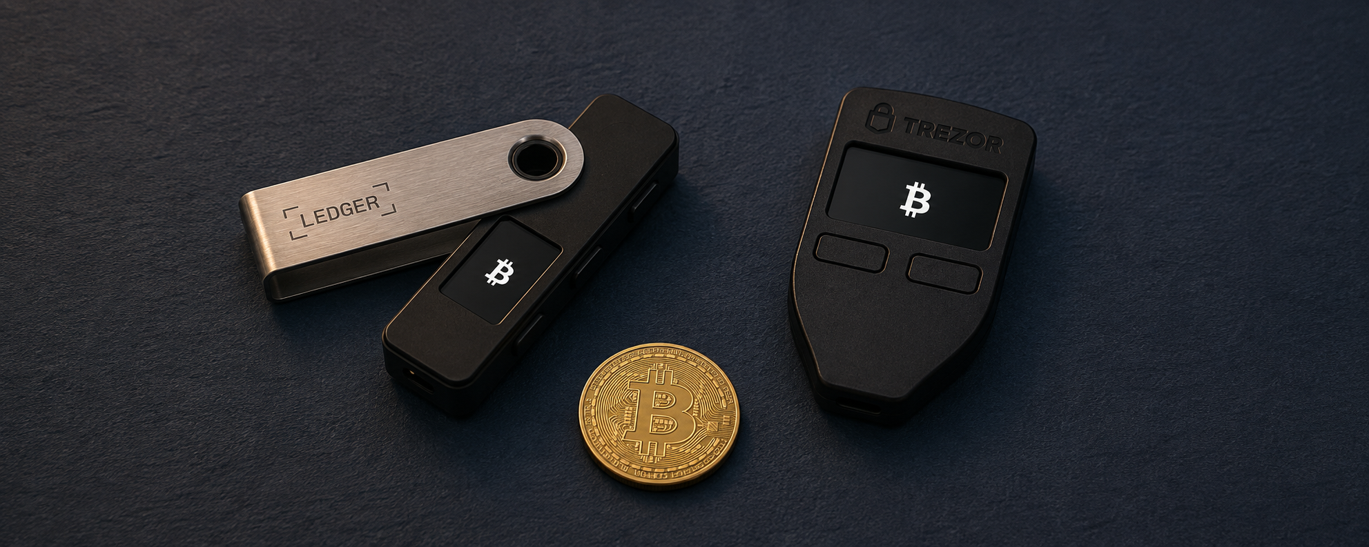Illustration of Ledger and Trezor hardware wallets beside a gold Bitcoin token