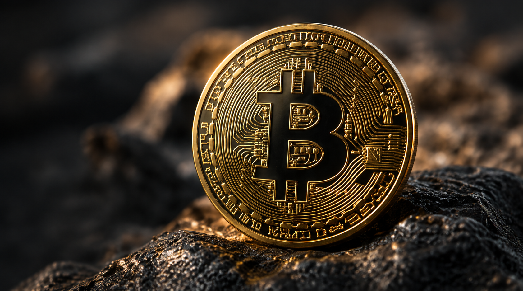 Gold Bitcoin coin on dark rock