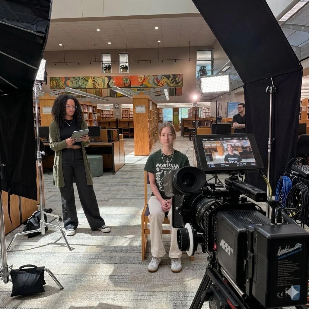 A woman is seated in front of a camera in a library being recorded for a video. A woman standing to the left is looking at a tablet, and a man is standing in the background. Lighting equipment surrounds the scene.