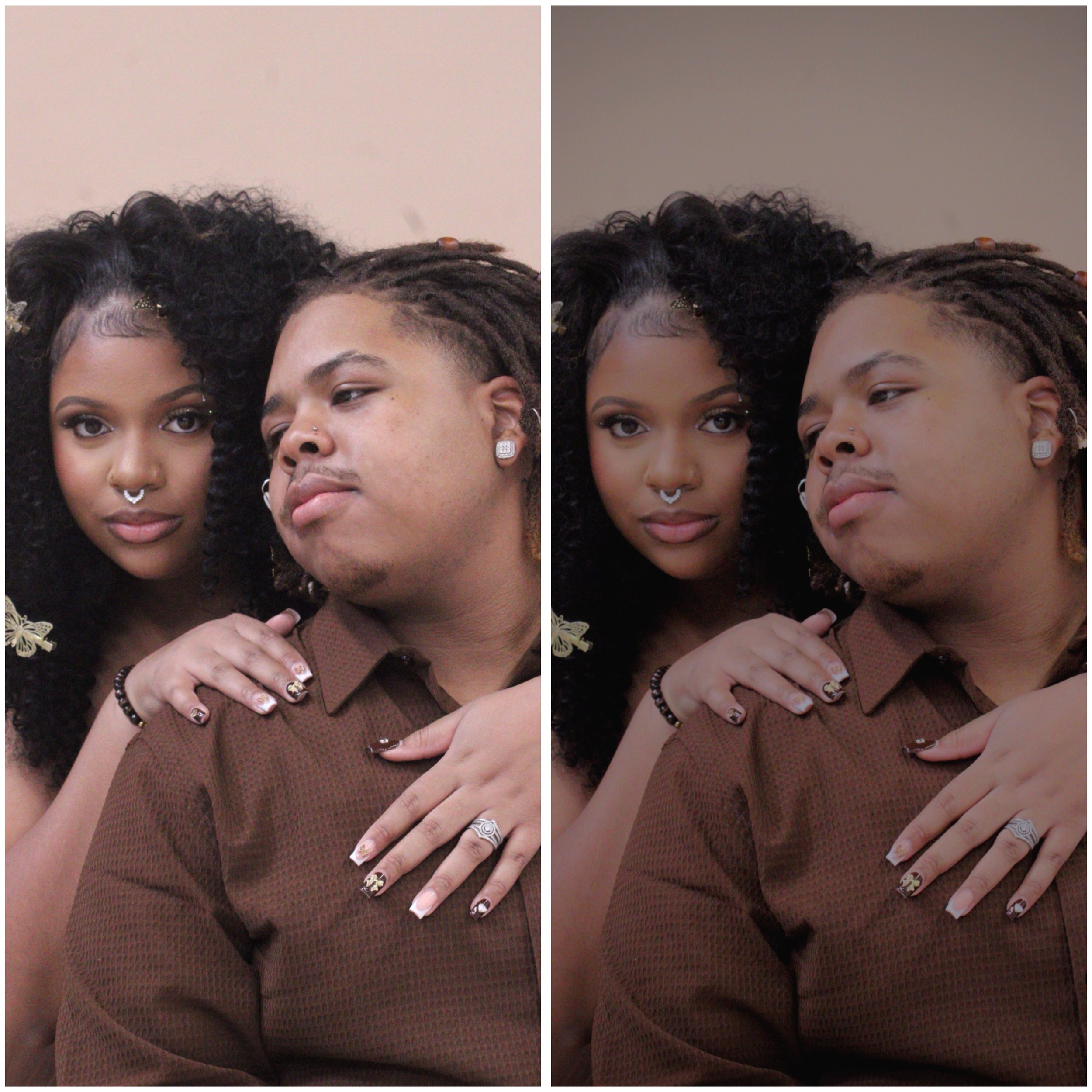 Close-up of two women showing their hairstyles, one with curly hair and the other with dreadlocks. The woman with curly hair has a nose ring and distinct makeup. The woman with dreadlocks has earrings and a pierced nose. Their hands are visible with 