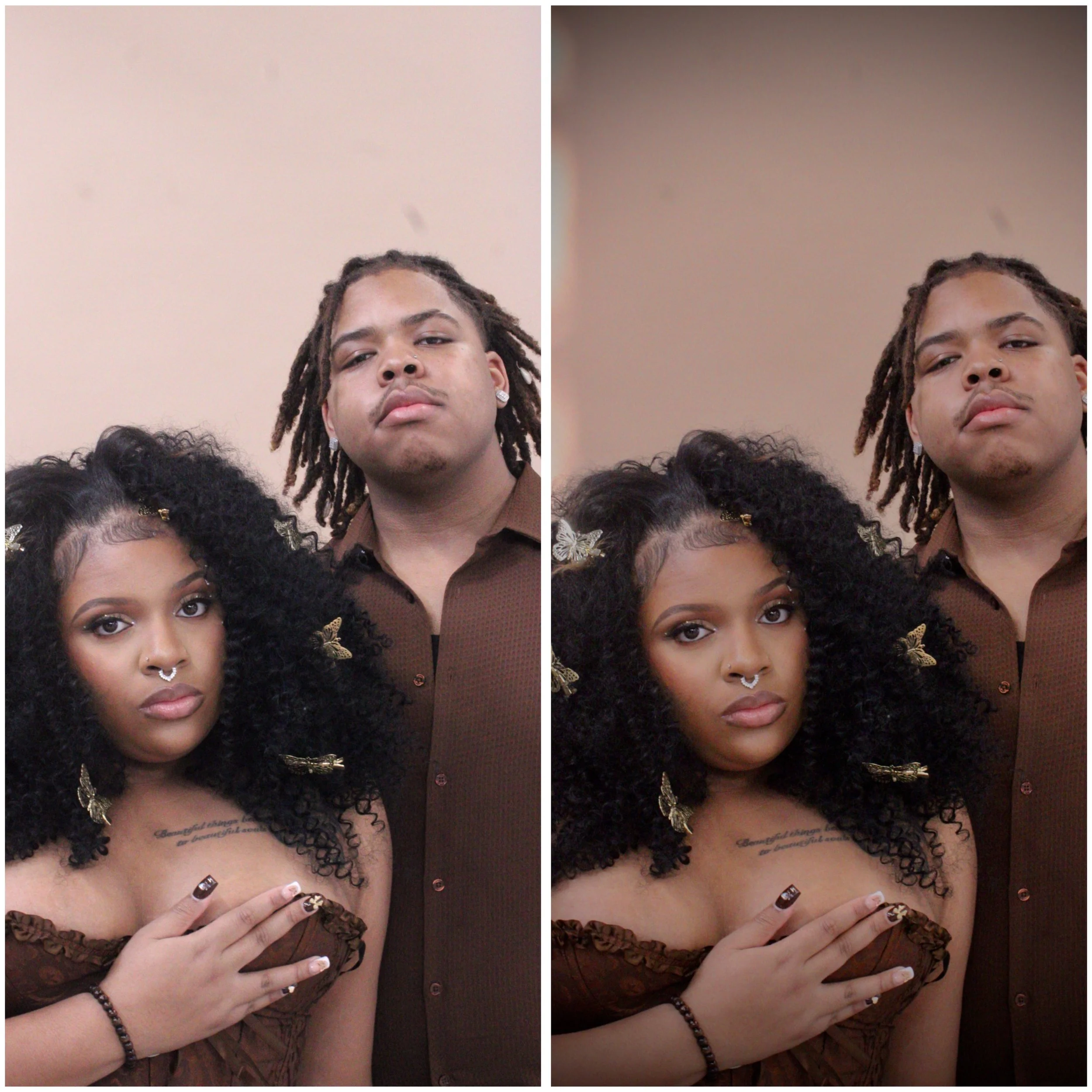 The image shows a woman with curly hair and a nose ring, partially visible at the bottom left corner, and a man with dreadlocks, wearing earrings and a brown shirt, standing behind her. The woman is touching her chest with one hand.