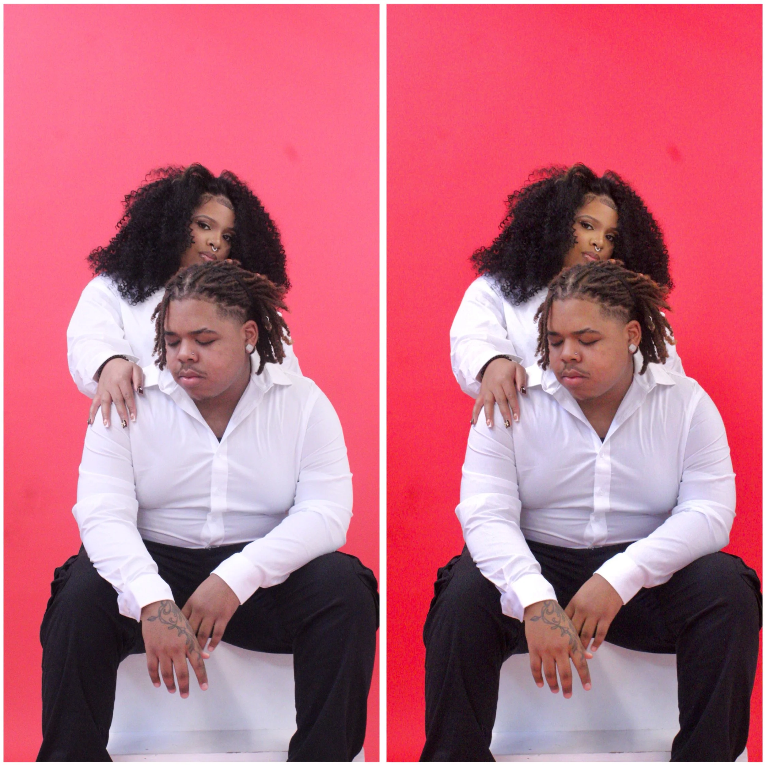 Two side-by-side images of a woman with curly black hair and tattooed forearms, wearing a white shirt and black pants, standing against a bright pink background. The woman has a septum piercing and is looking at the camera with a confident expression