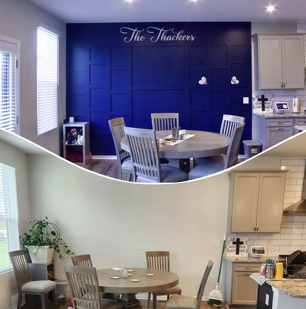 Comparison of two dining rooms; top room has a dark blue wall with white lettering reading 'The Thackers', white window blinds, and a grey dining table with six chairs, while the bottom room has light green walls, a round wooden table with four chair