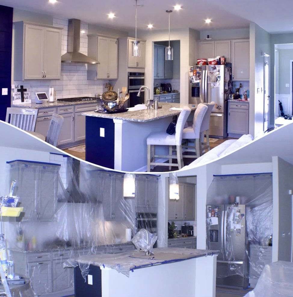Before and after images of a kitchen renovation, showing the process of painting cabinets. The top image shows the completed kitchen with painted light gray cabinets, stainless steel appliances, and a granite island. The bottom image shows the same k