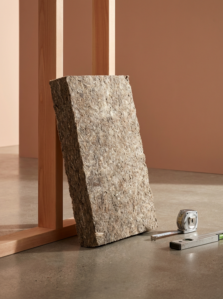 A large stone slab leaning against a wooden frame with construction tools, including a measuring tape and a level, on a concrete floor.