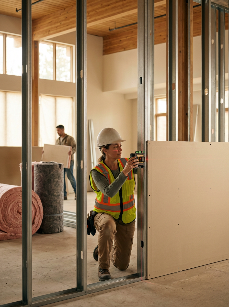 A construction worker in a yellow safety vest and white hard hat is kneeling and using a level on a wall frame inside a building with large windows and wooden ceiling.
