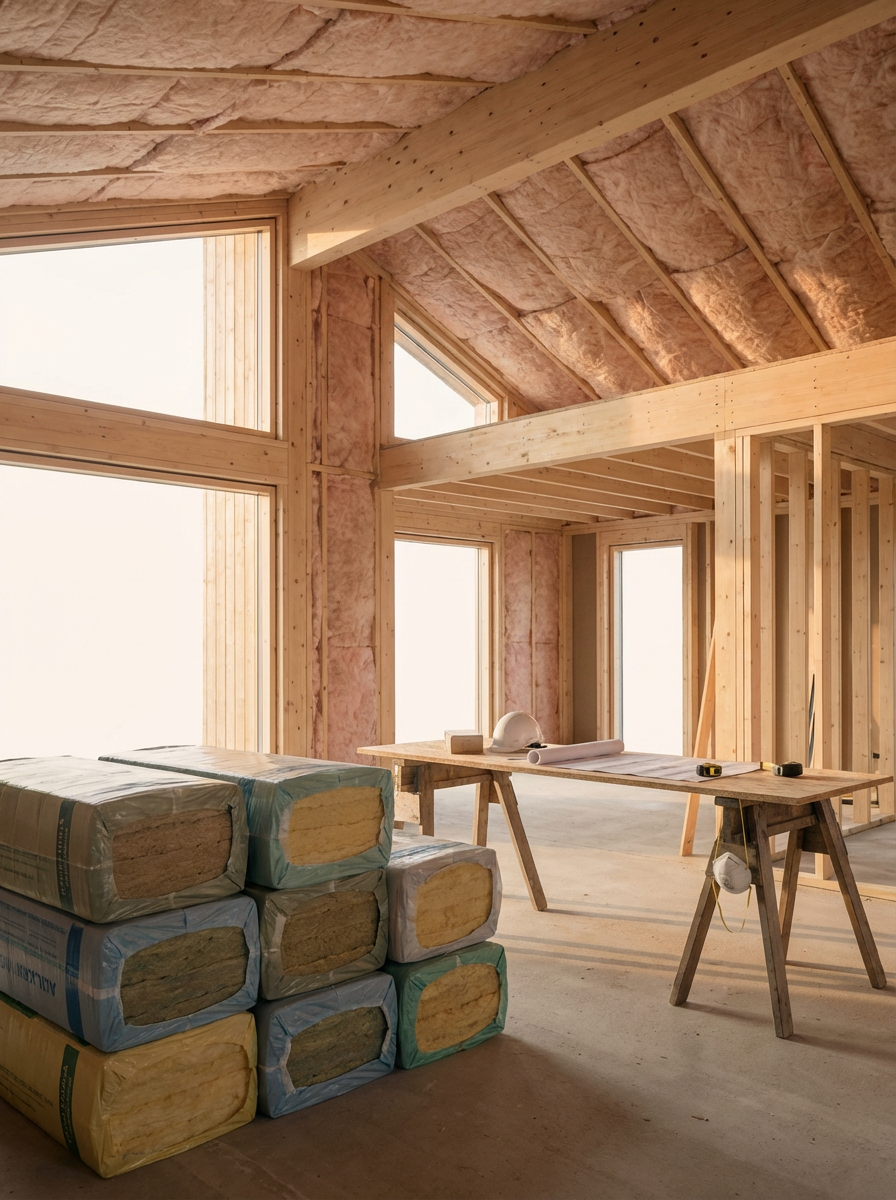 Interior of a house under construction with exposed wooden framing, insulation, and large windows.
