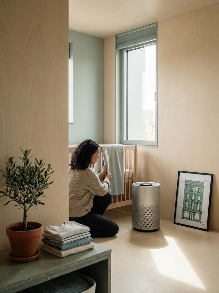 Woman kneeling next to a portable air purifier in a softly lit nursery with a crib, framed architecture drawing, potted plant, and neatly folded towels.
