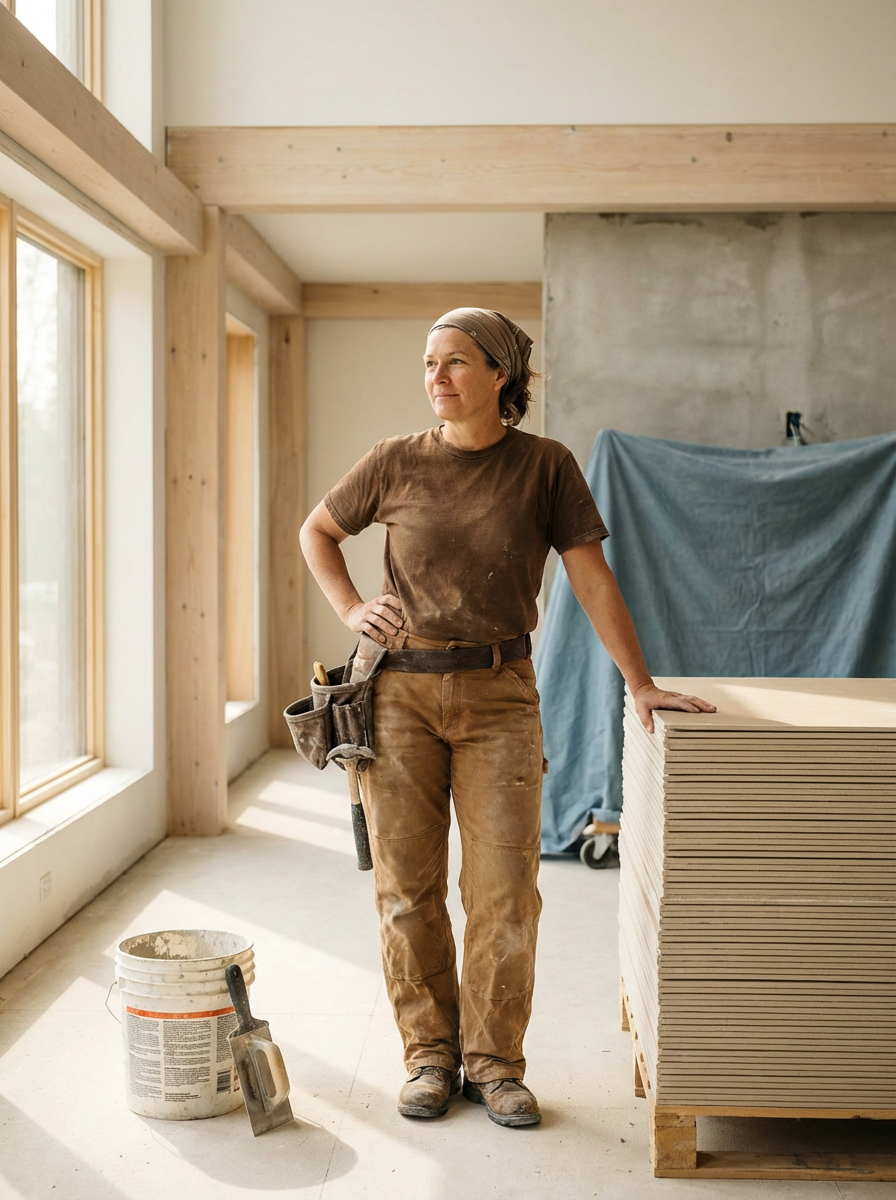 A woman construction worker standing inside a partially finished room with large windows, wearing brown work clothes and a tool belt, with her hand resting on a stack of drywall sheets.