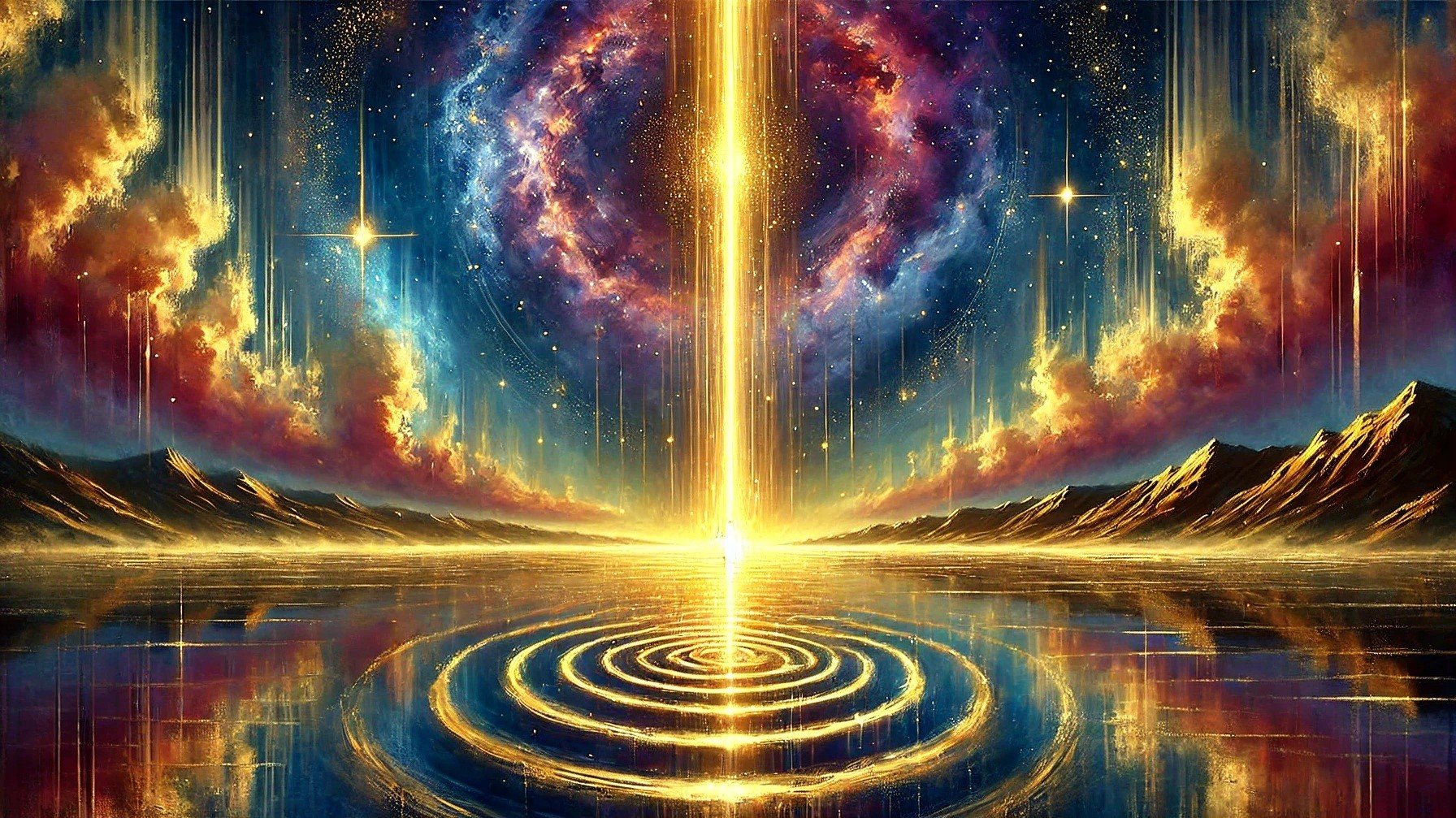 A surreal, cosmic landscape depicting a bright vertical light emanating from a white point on the horizon, reflecting in a body of water with ripple effects. The sky features vibrant, colorful clouds and galaxies with stars, and surrounding mountains are illuminated by the luminous sky.