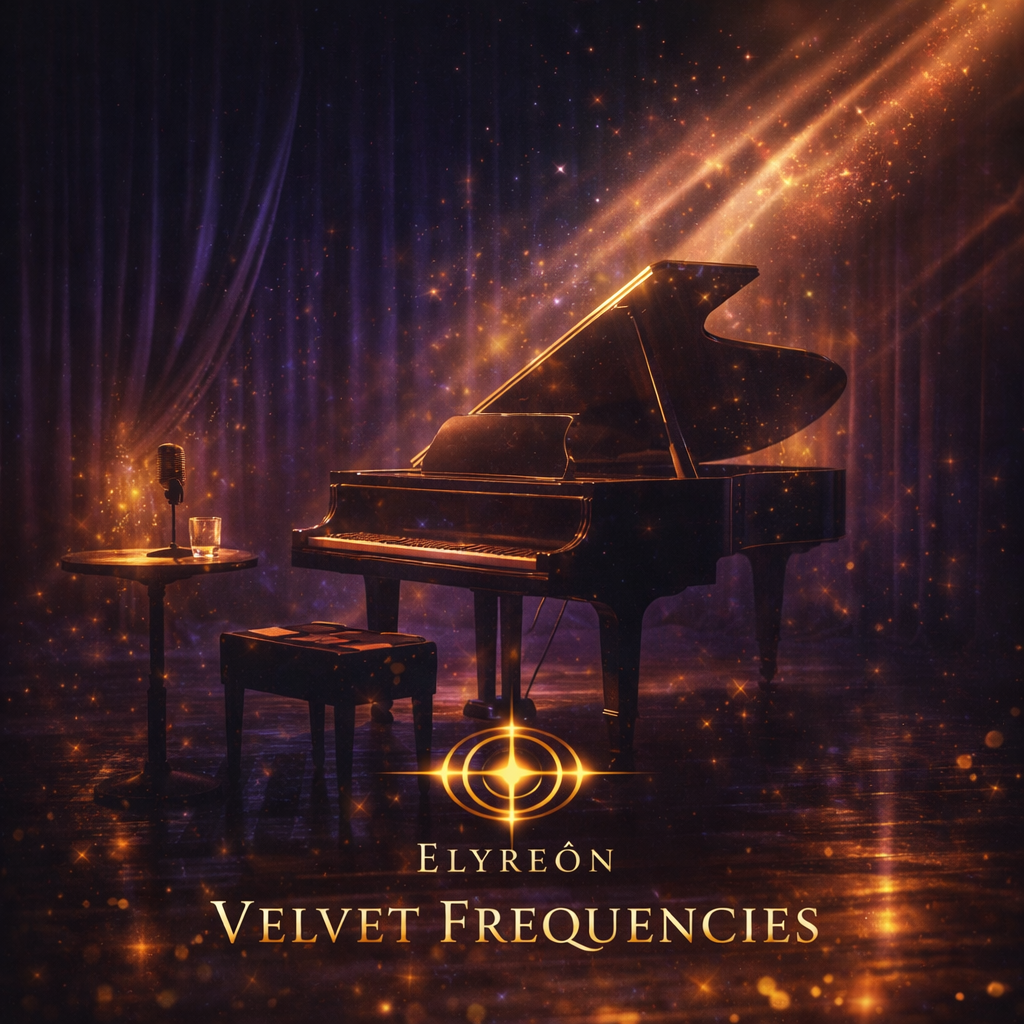 A grand piano in a dark, starry, cosmic setting with glowing orange and purple lights, a microphone, a glass of water, and a stool. The text at the bottom reads "Elyreón Velvet Frequencies."