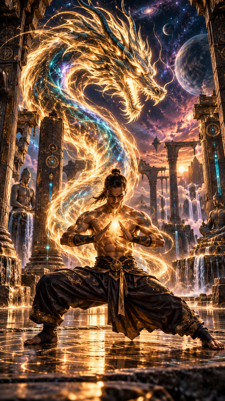 A fantasy scene of a muscular man practicing martial arts in front of ancient ruins with waterfalls and statues, while a dragon made of glowing energy emerges from him, set against a cosmic sky with planets and stars.
