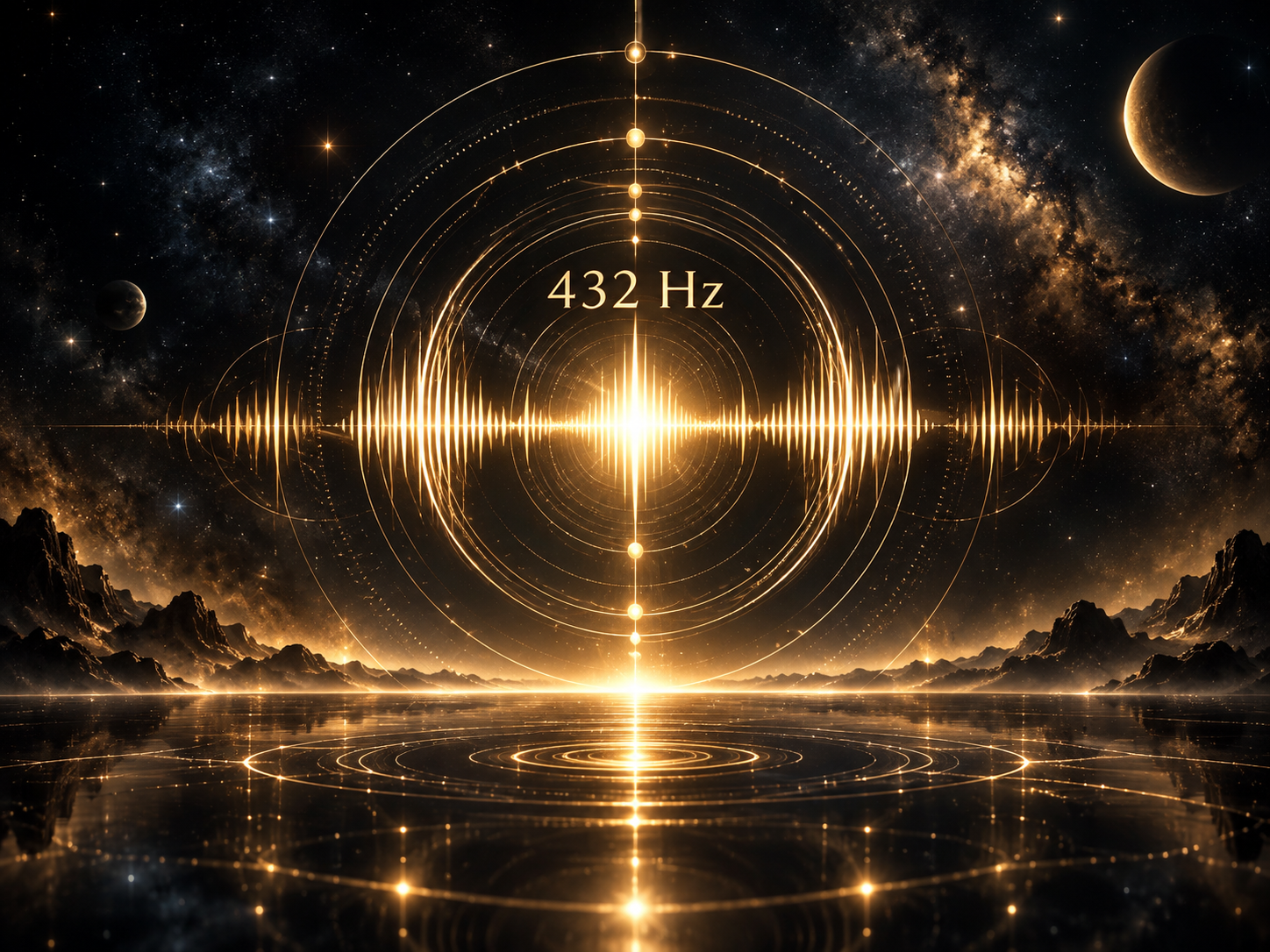 A cosmic scene with planets and stars in space, featuring a large glowing soundwave or frequency pattern centered around 432 Hz with a bright light at the middle, and reflections on a water surface below.