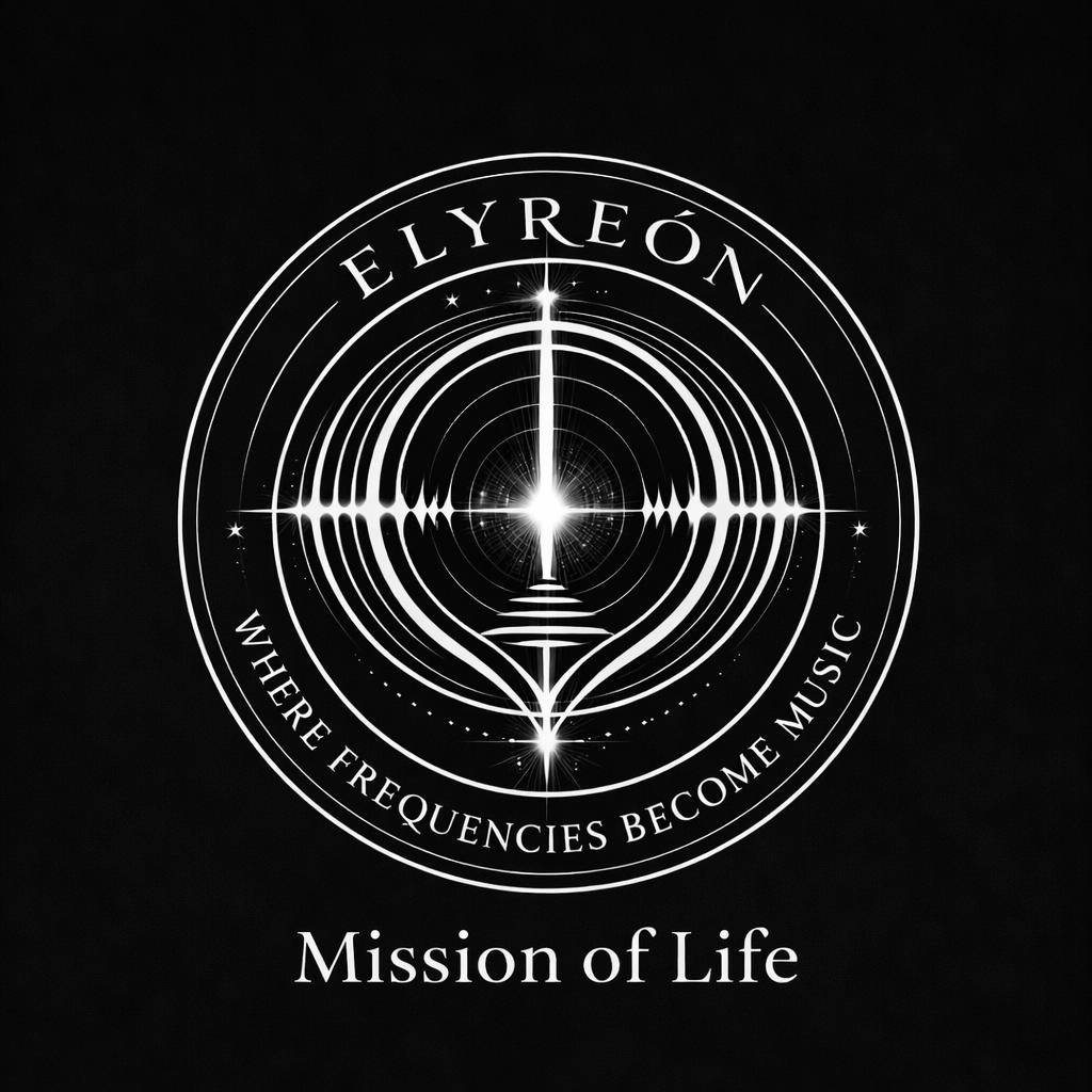 A black background with a logo for Elyréon, featuring a concentric circle design with a starburst and sound wave pattern, and the text "Elyréon" at the top and "Where Frequencies Become Music" around the circle. Below, the phrase "Mission of Life" is written.