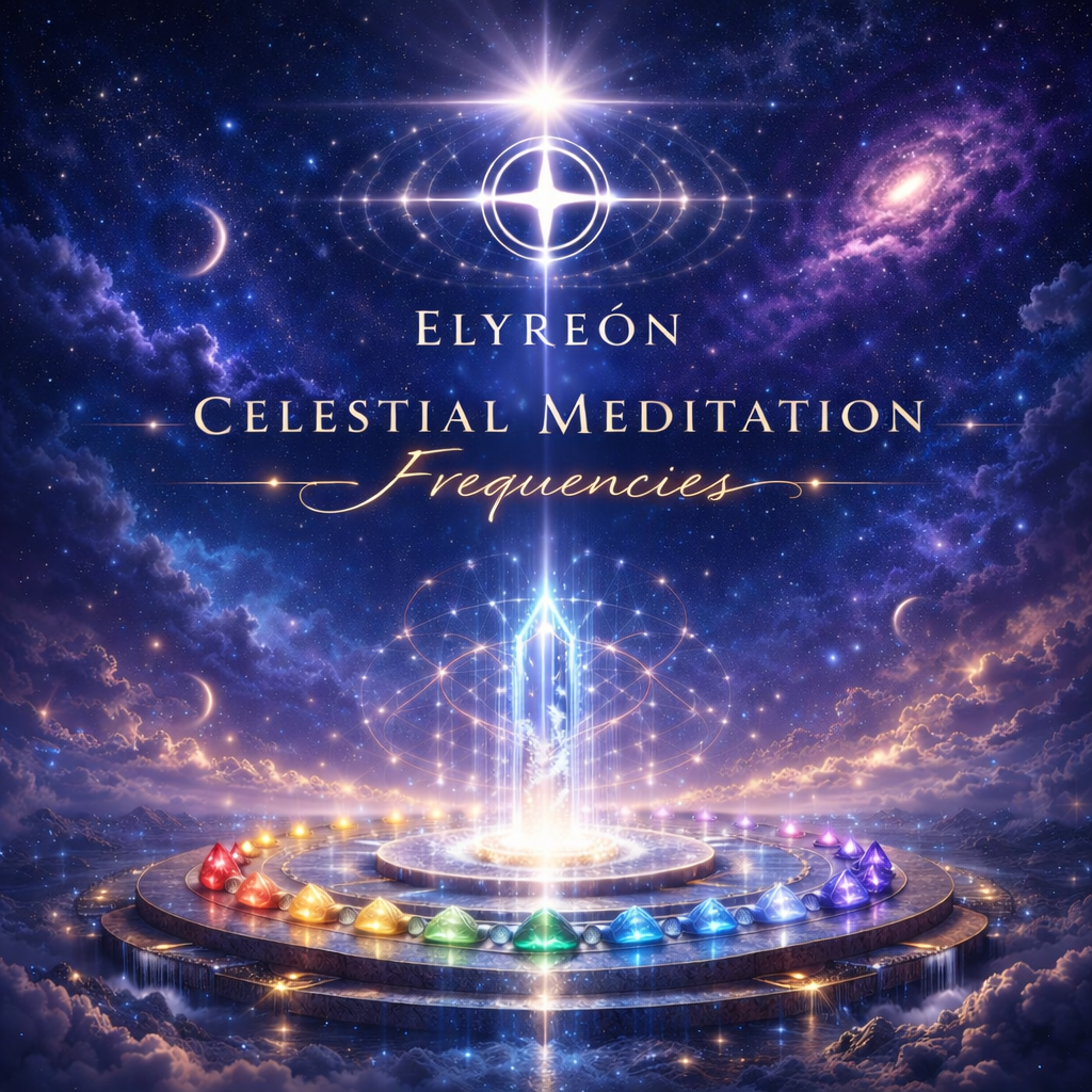 A cosmic scene with a circular arrangement of colorful crystals, glowing lights, and celestial bodies including moons and galaxies. The image evokes a sense of spirituality and meditation.