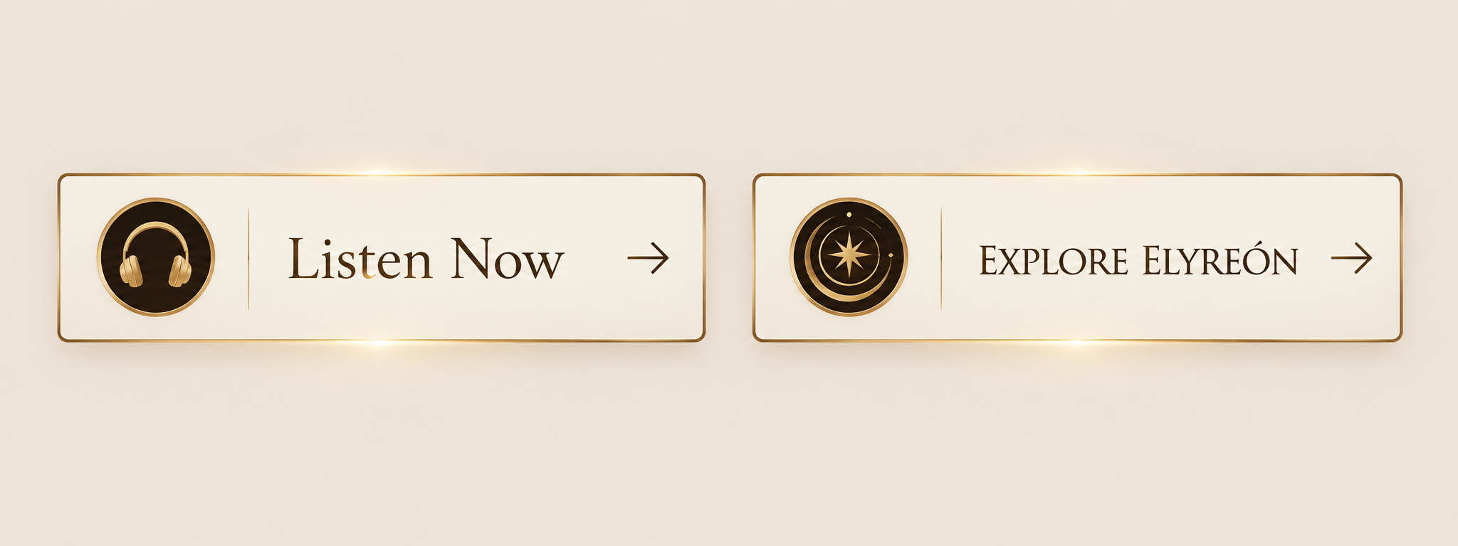Digital signage with three buttons: one with a headphone icon and the text 'Listen Now', the second with a star and orbit design, and the third with the text 'Explore Elyrón'.