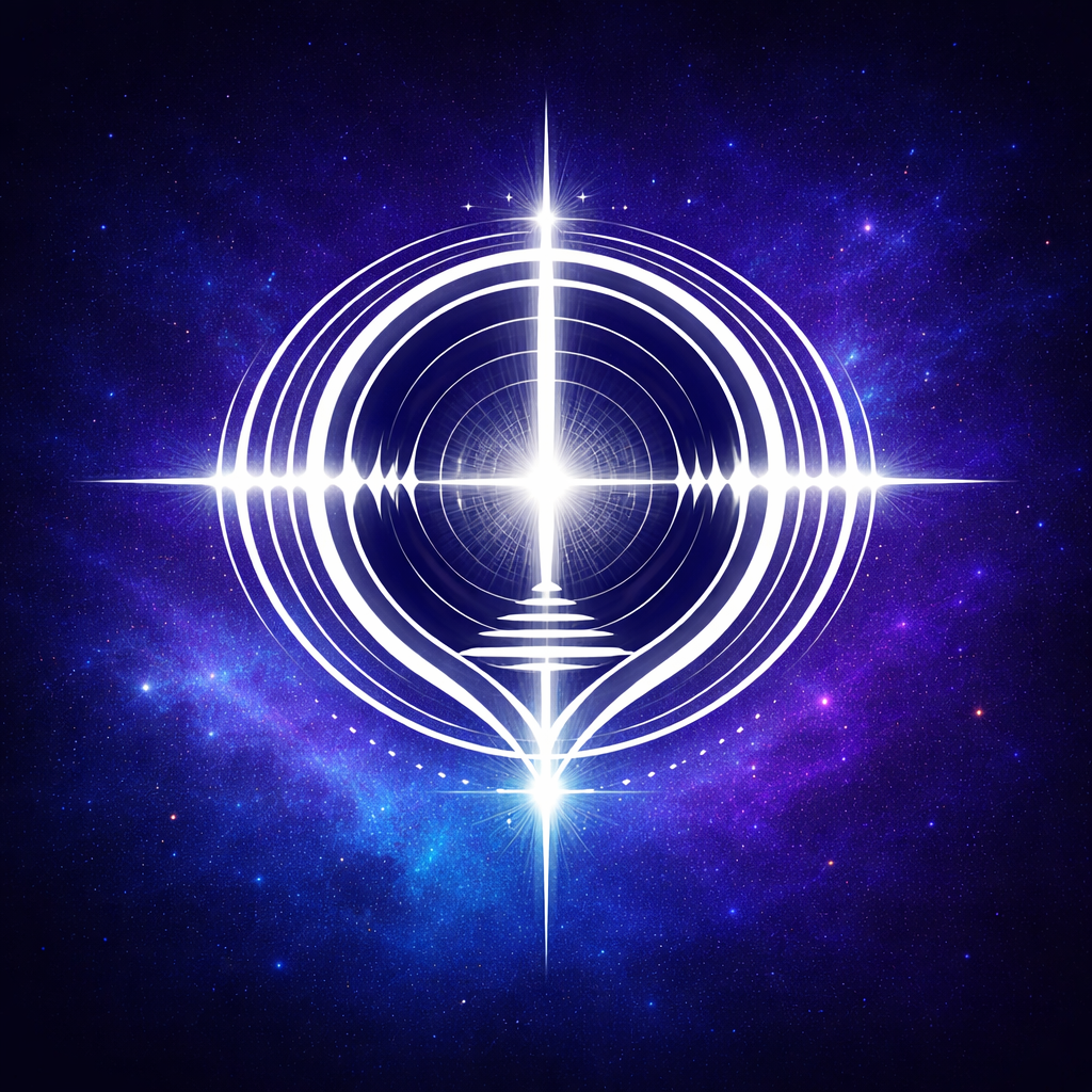 A digital, glowing geometric design with concentric circles and star-like points on a starry galaxy background.