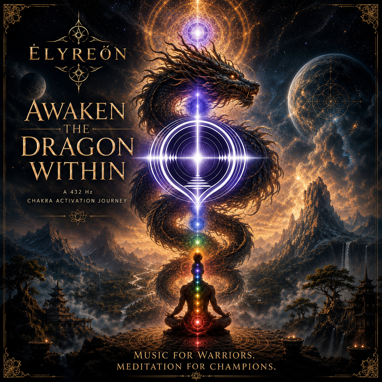 A mystical scene featuring a person meditating in a lotus position with a glowing chakra alignment aligned with a spiraling dragon in the background. The sky is filled with stars, planets, and clouds, with intricate geometric designs. Text reads, 'Elyreón: Awaken the Dragon Within - A 432 Hz chakra activation journey. Music for warriors. Meditation for champions.'