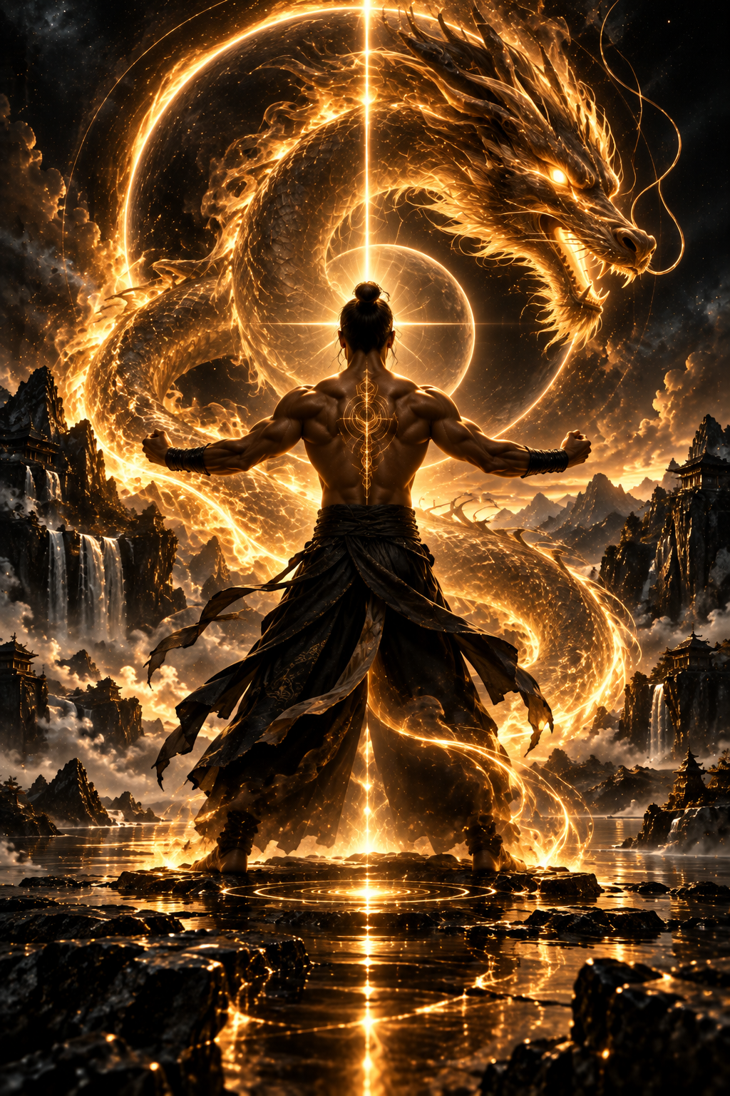 A muscular man with long hair tied up stands with arms outstretched, facing a massive glowing dragon in a fantasy landscape with mountains, waterfalls, and ancient temples, illuminated by golden light.