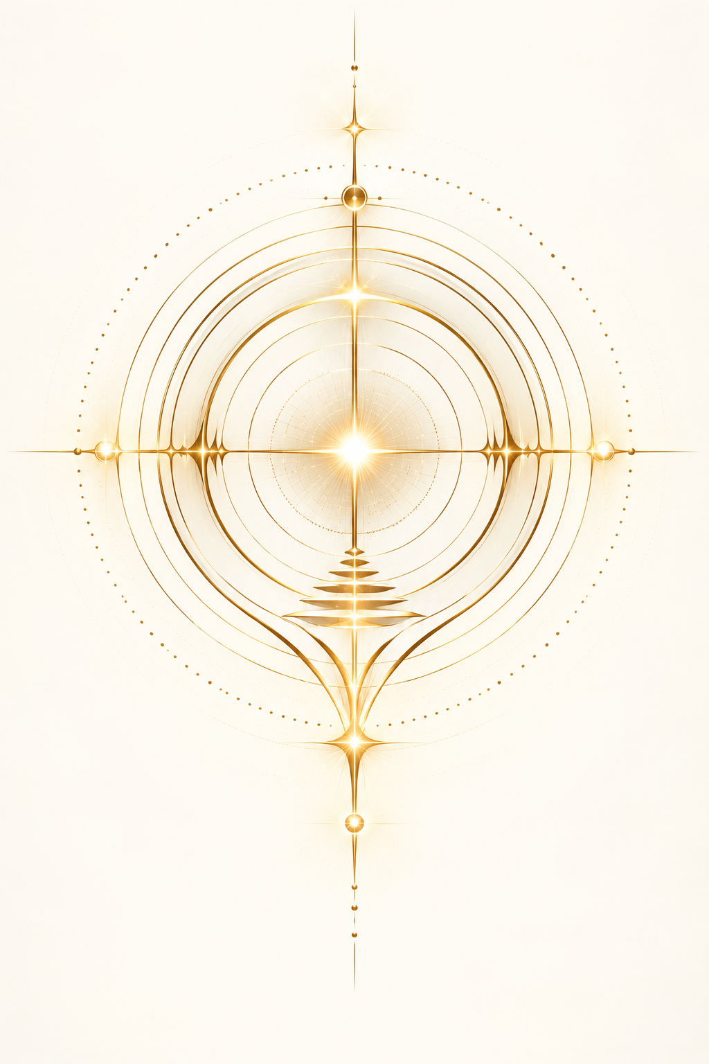 Abstract digital art with glowing gold circular patterns and lines on a light beige background.