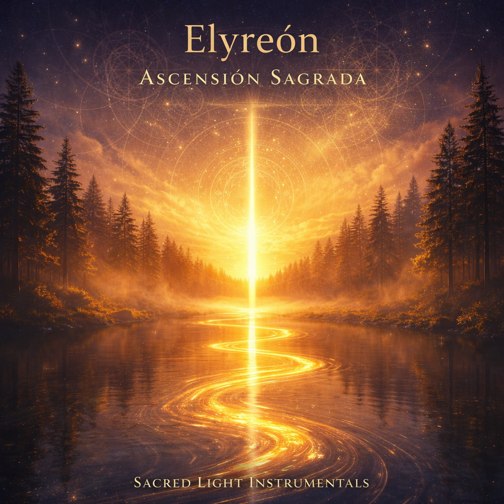 A fantasy scene with a glowing vertical light beam in the center, reflecting on a river, surrounded by pine trees, with a starry sky and geometric patterns in the background. The text reads 'Elyreón,' 'Ascensión Sagrada,' and 'Sacred Light Instrumentals.'