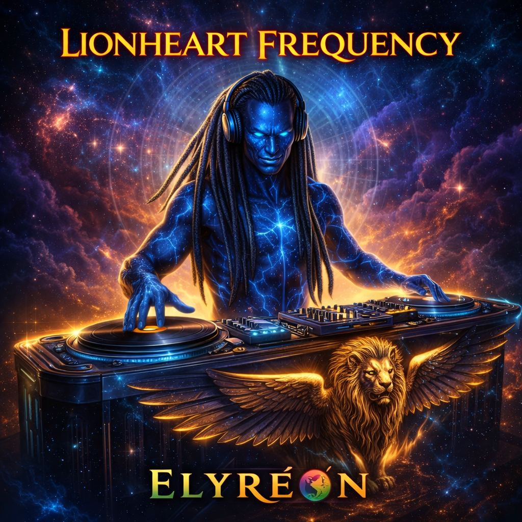 A cosmic scene with a blue, glowing figure with dreadlocks wearing headphones, DJing at a futuristic turntable with a lion with wings emblem on it. The background features stars and nebulae. Text reads 'LIONHEART FREQUENCY' at the top and 'ELYRÉON' at the bottom.