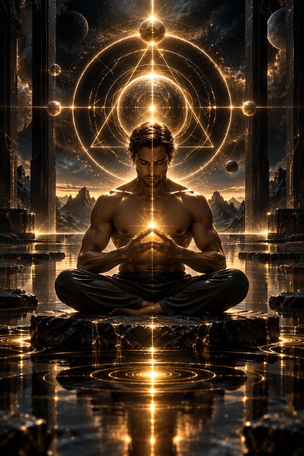 A shirtless man practicing meditation or yoga in a surreal, cosmic landscape with glowing geometric patterns and planets in the background.