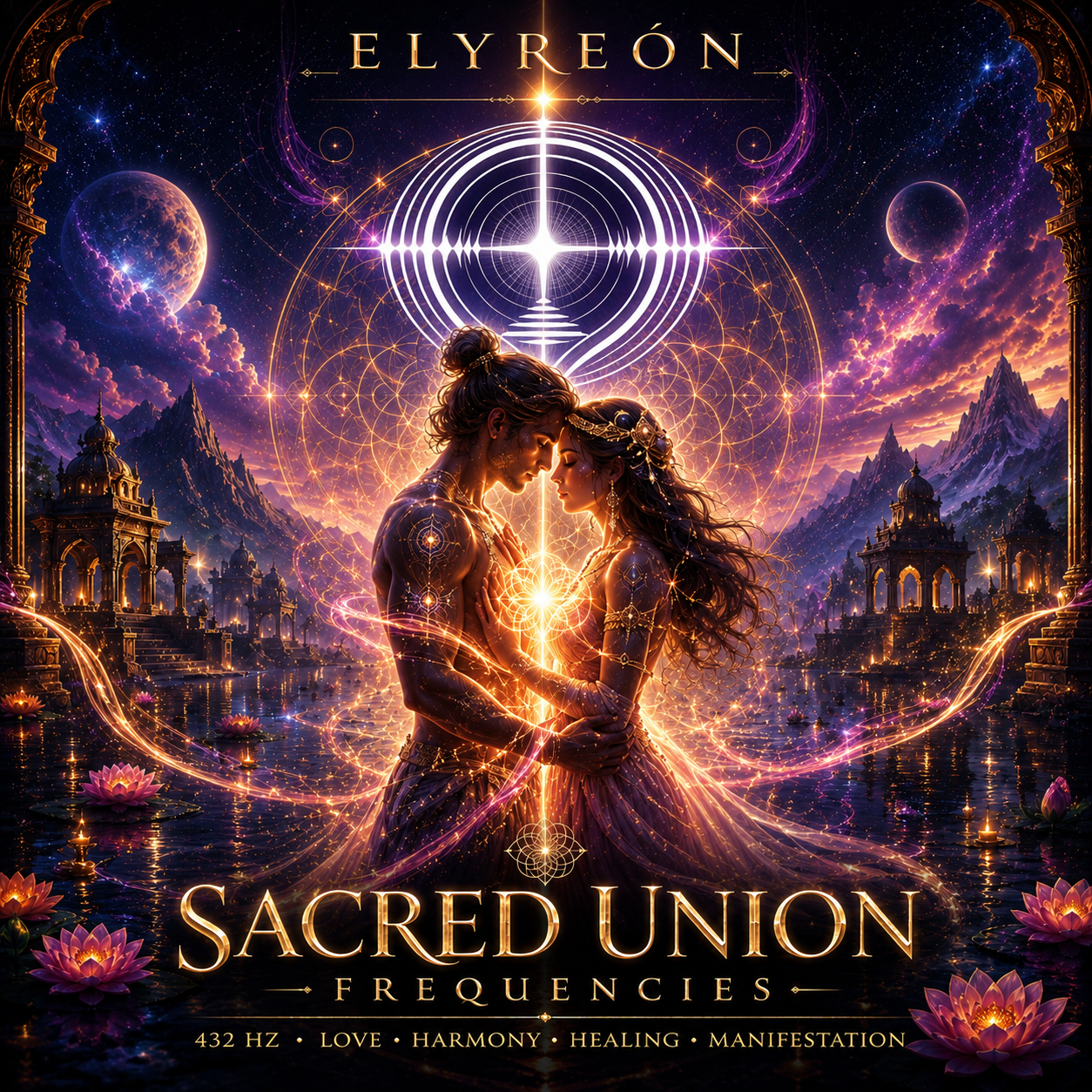 Two people, a man and a woman, are embracing with their foreheads touching in a mystical, glowing scene with celestial and architectural elements in the background.