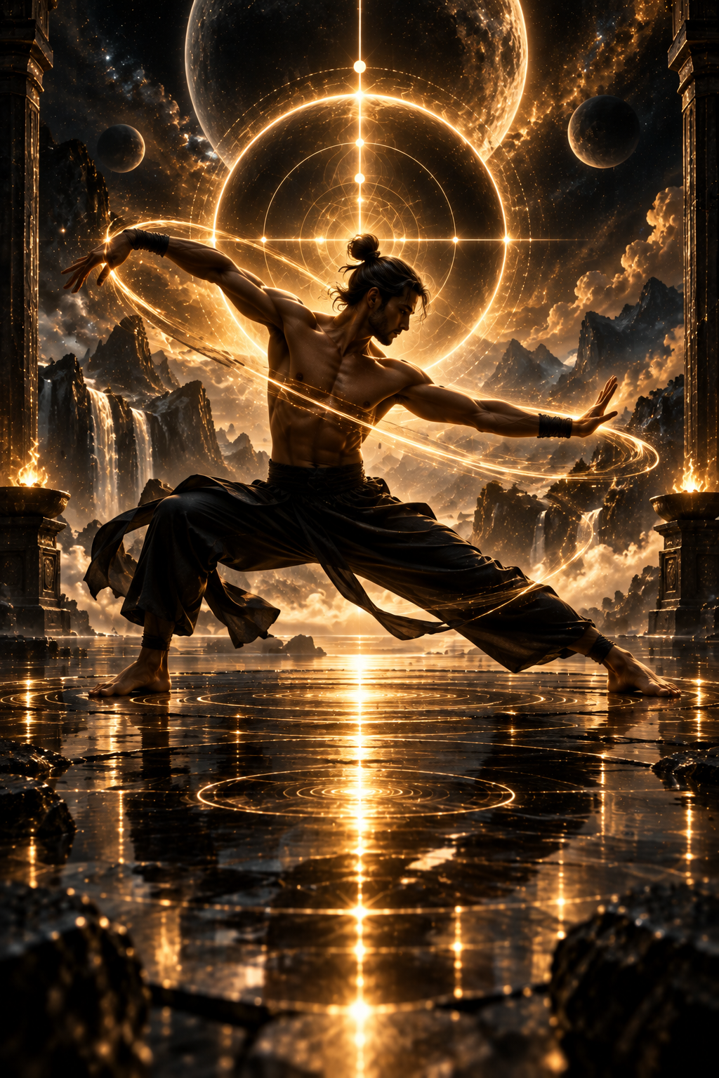A shirtless man with long hair in a topknot practicing martial arts or meditative pose, surrounded by glowing golden rings and celestial elements, standing on water with a dramatic cosmic background of planets, mountains, and waterfalls.