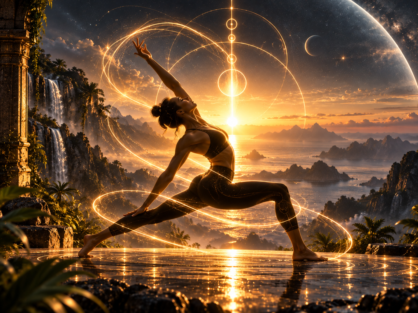 A woman practicing yoga outdoors at sunset with mystical, glowing light effects around her, set against a scenic landscape with waterfalls, mountains, and a dramatic sky.