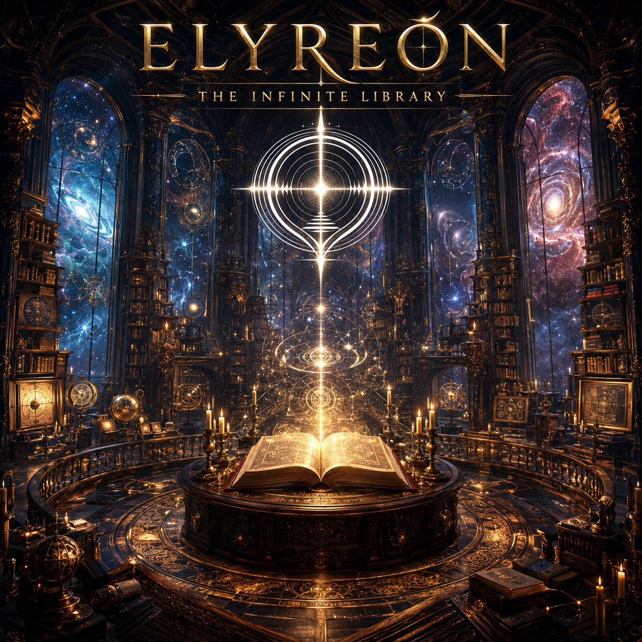 A fantasy library with tall bookshelves, glowing candles, scientific instruments, and a large open book at the center emitting light and celestial symbols, set against a backdrop of cosmic galaxies and stars.