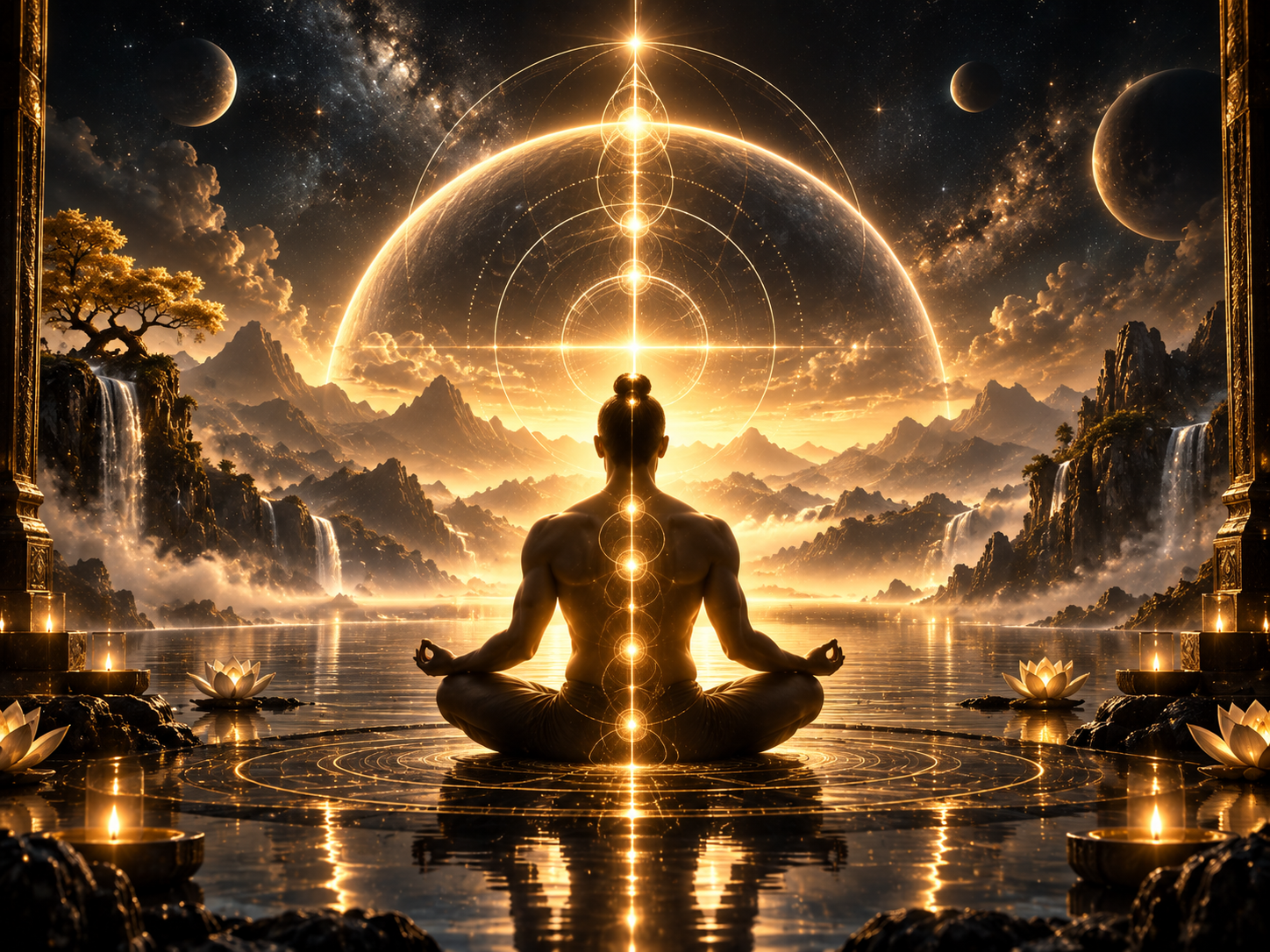 A person meditating by a lake surrounded by mountains, with waterfalls and lotus flowers, under a mystical sky with planets and a glowing large celestial object.