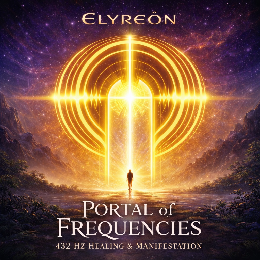 Futuristic digital artwork featuring a person standing in front of a large glowing portal with concentric circles and symmetrical patterns, set against a cosmic backdrop with mountains and trees, with the words 'Elyreón' at the top and 'Portal of Frequencies 432 Hz Healing & Manifestation' at the bottom.