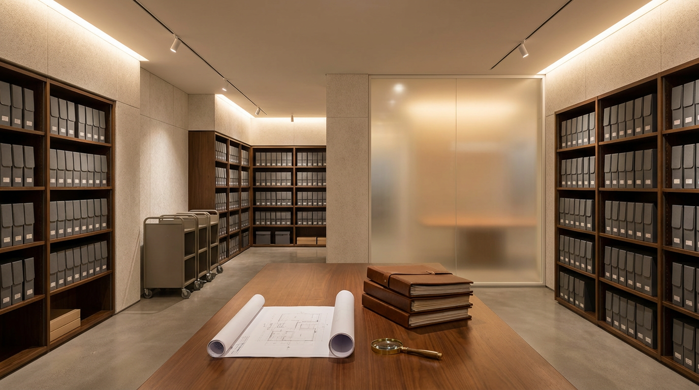 A well-organized archive room with wooden shelves filled with black binders, a wooden table with rolled blueprints, a magnifying glass, and stacked brown folders, and a frosted glass door in the background.