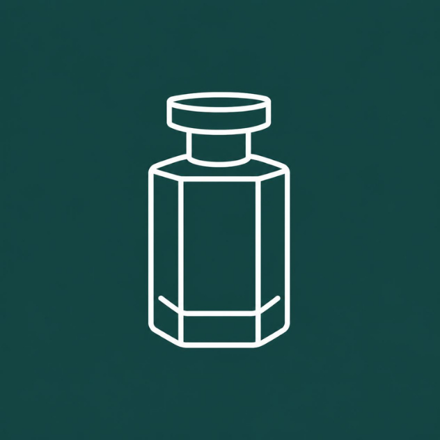 Line drawing of a small medicine bottle or vial on a dark green background.