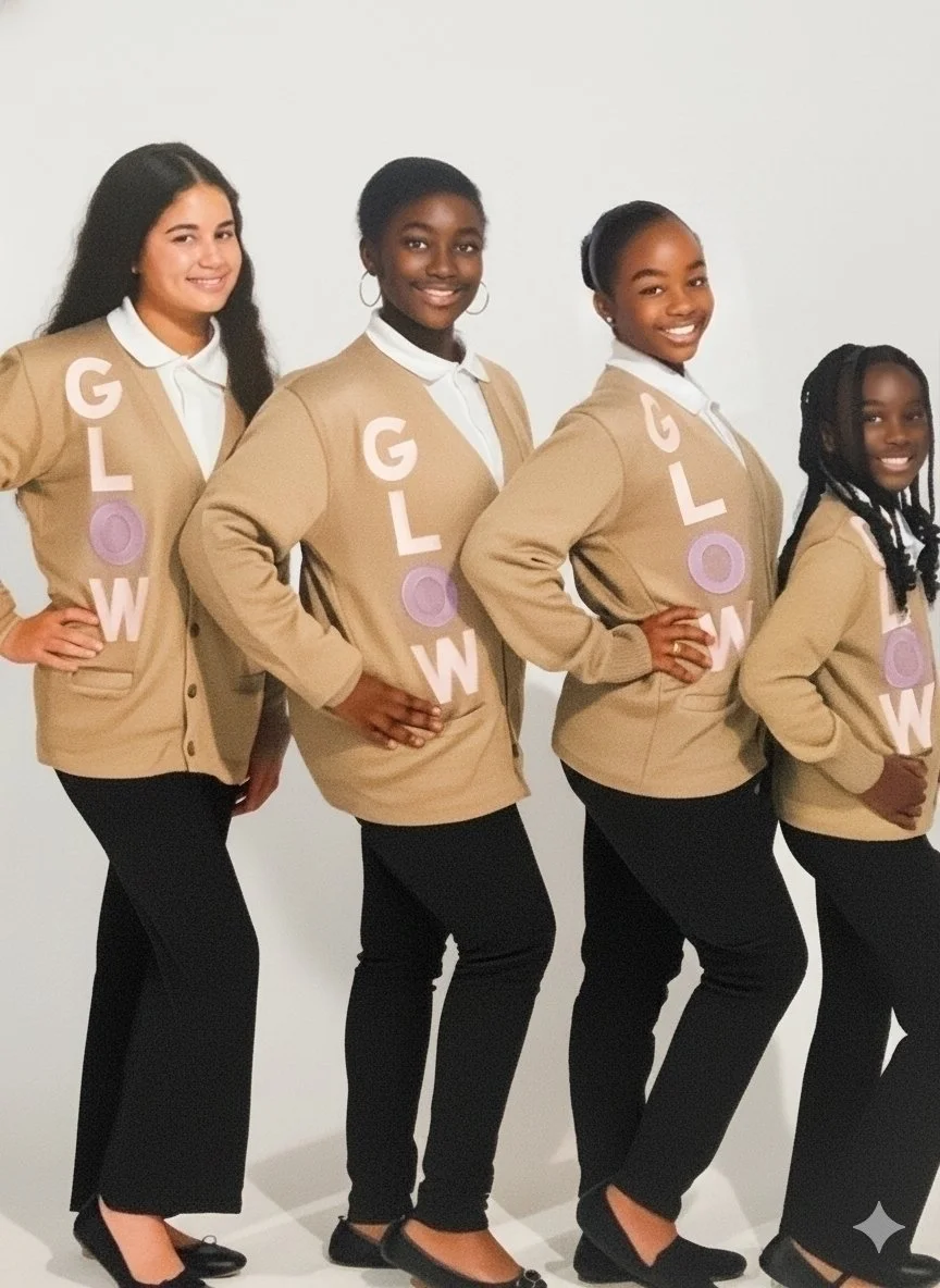GLOW team members wearing branded jackets and posing together.”