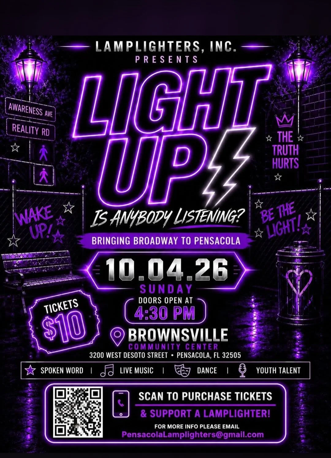 LIGHT UP: Is Anybody Listening? Presented by Lamplighters, Inc. October 4, 2026 at Brownsville Community Center. Doors open 4:30 PM. Tickets $10.