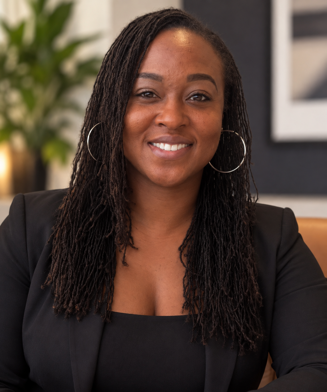 A smiling Black woman with long dreadlocks wearing hoop earrings and a black blazer, sitting indoors with a plant and framed artwork in the background.
