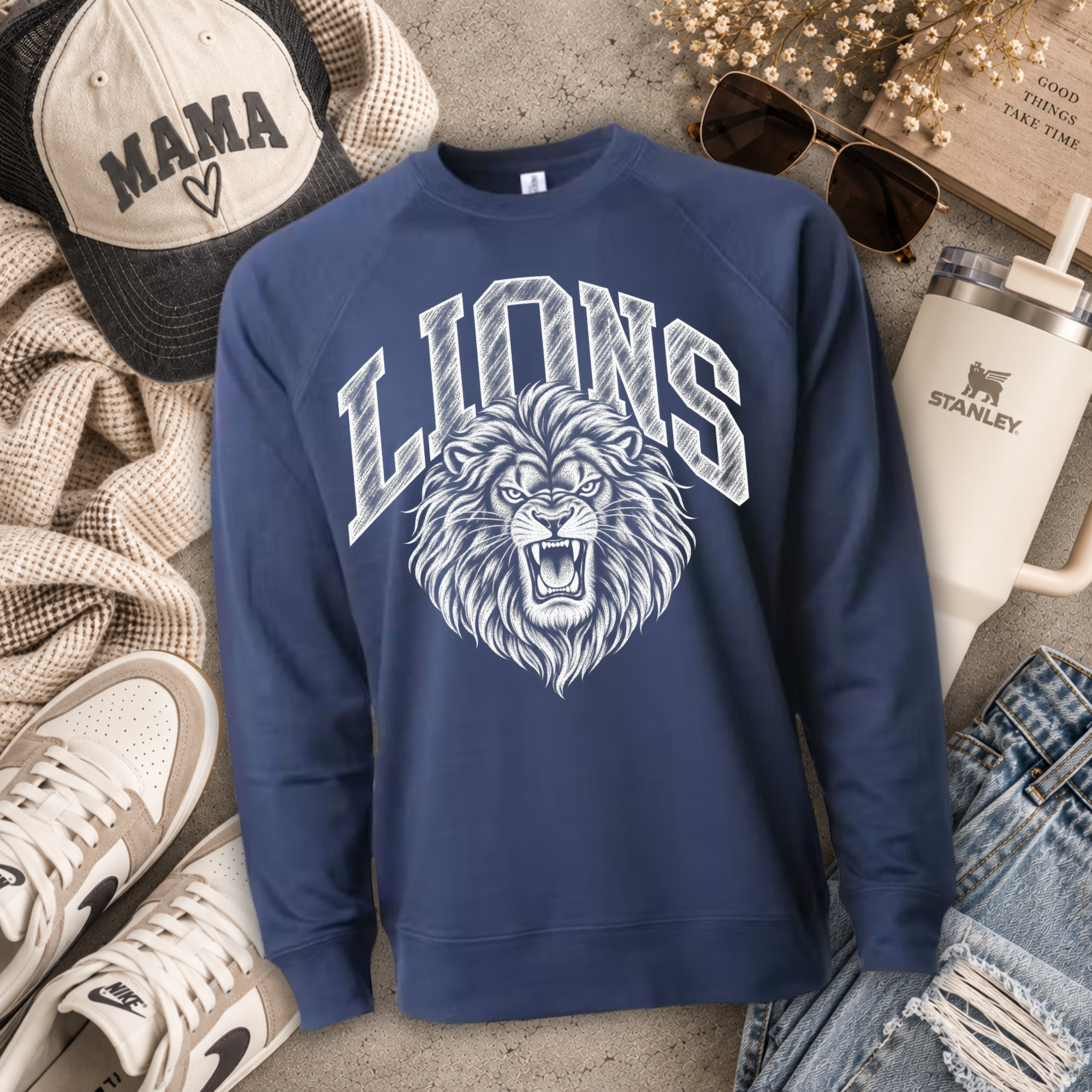 Distressed Mascot Varsity- Indigo - Lions